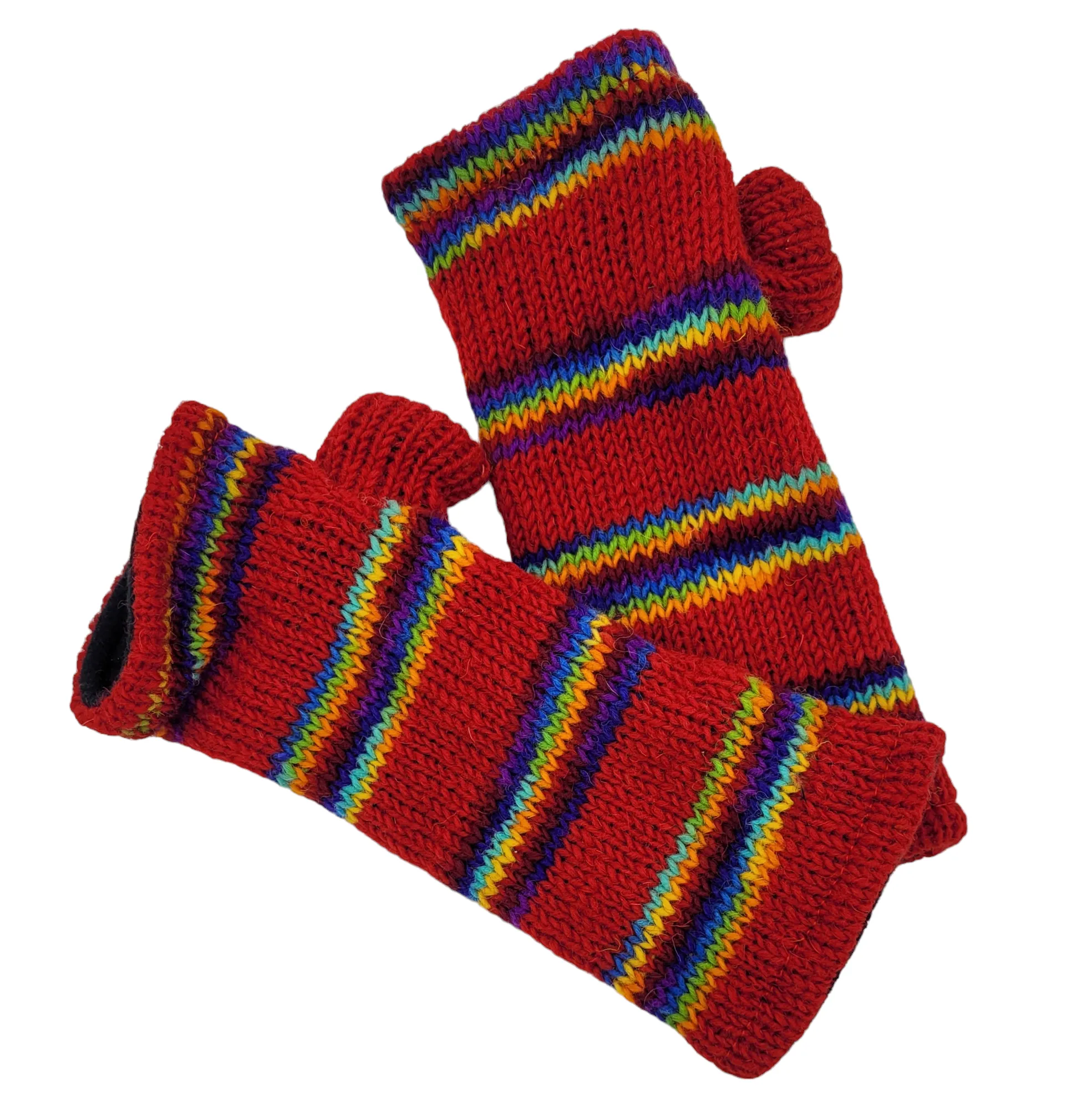 100% Wool Red Rainbow Design Handwarmer Gloves (Adult)