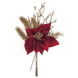 12" Metallic Artificial Poinsettia Flower, Pine & Twig Stem Bundle -Burgundy/Champagne (pack of 12)