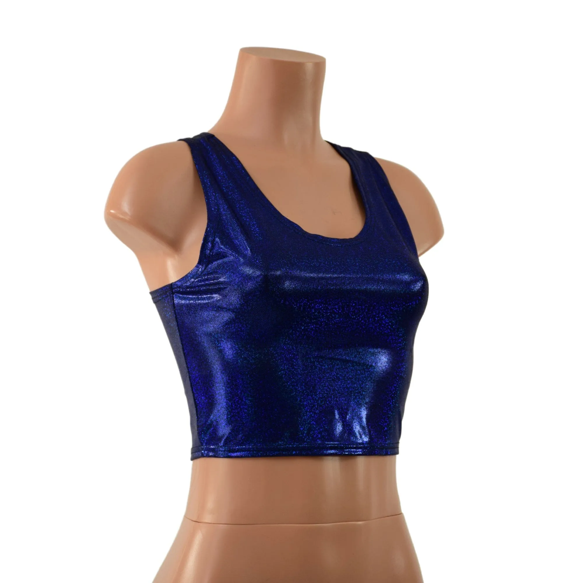 Blue Sparkly Jewel Racerback Crop with Silver Snake Vinyl