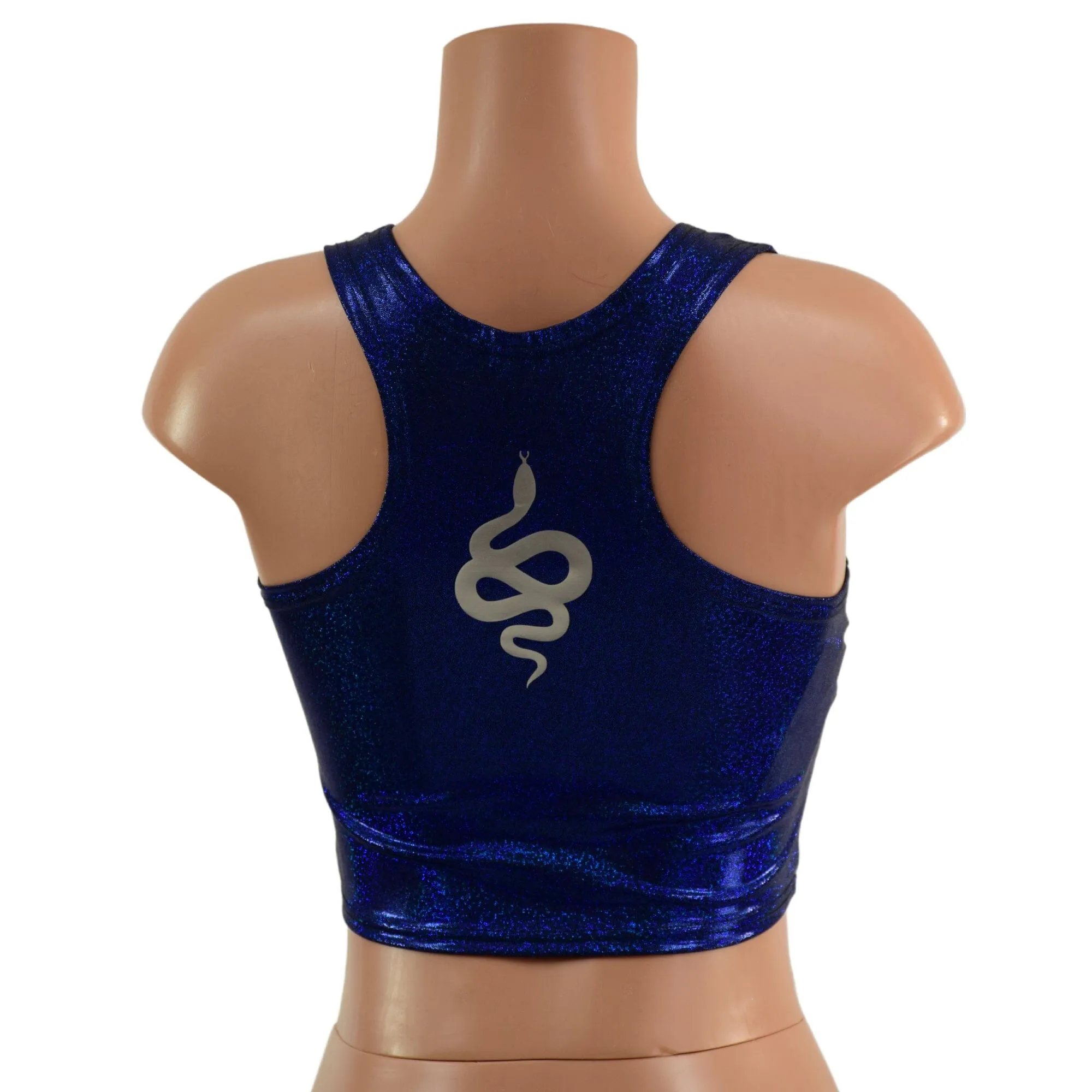 Blue Sparkly Jewel Racerback Crop with Silver Snake Vinyl