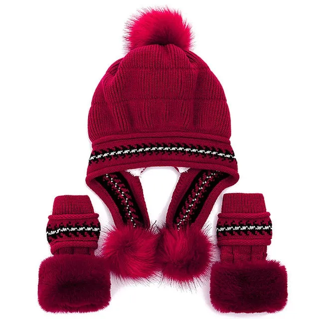 Fur Lining Knitted Hat With Gloves Set Pompoms Outdoor Knitted Woolen Warm Winter Cap