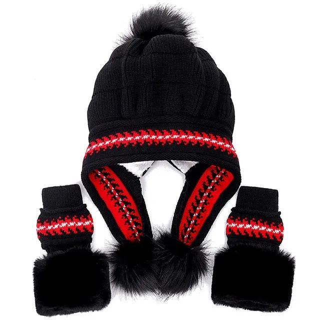 Fur Lining Knitted Hat With Gloves Set Pompoms Outdoor Knitted Woolen Warm Winter Cap