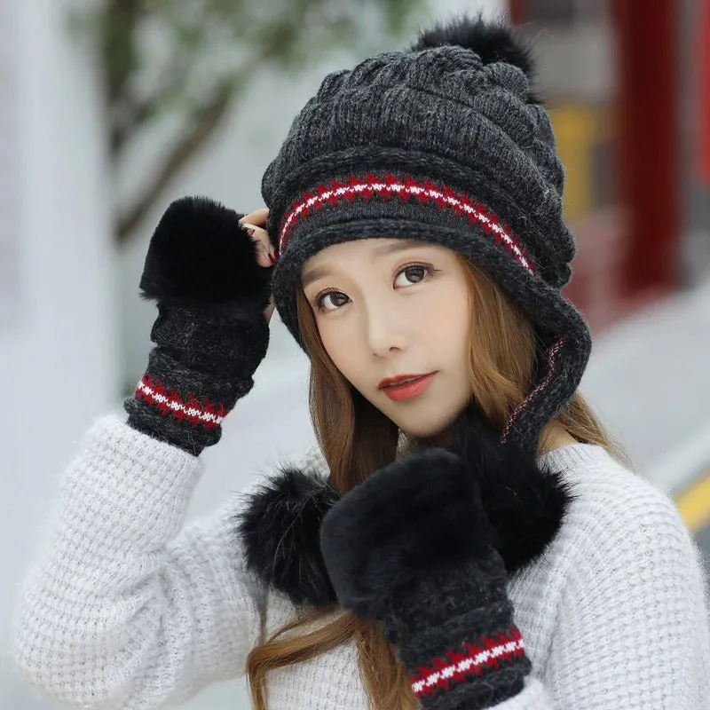 Fur Lining Knitted Hat With Gloves Set Pompoms Outdoor Knitted Woolen Warm Winter Cap