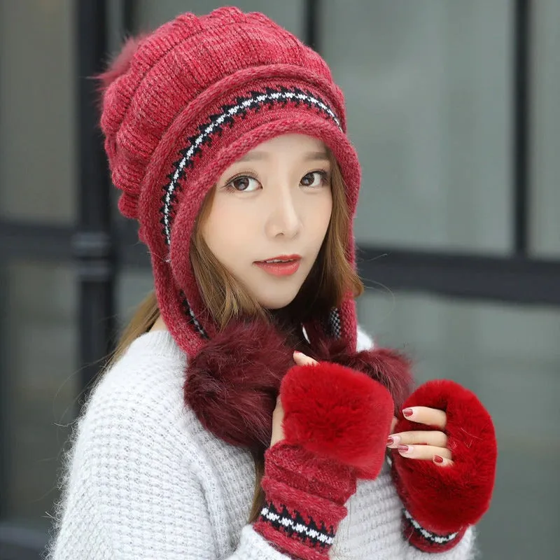 Fur Lining Knitted Hat With Gloves Set Pompoms Outdoor Knitted Woolen Warm Winter Cap