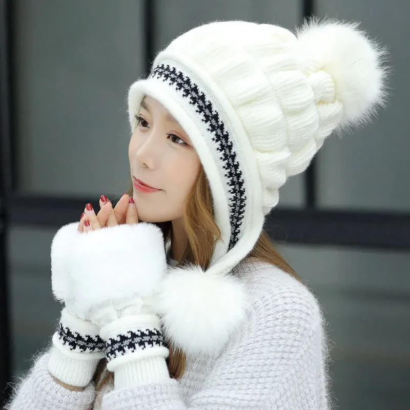 Fur Lining Knitted Hat With Gloves Set Pompoms Outdoor Knitted Woolen Warm Winter Cap