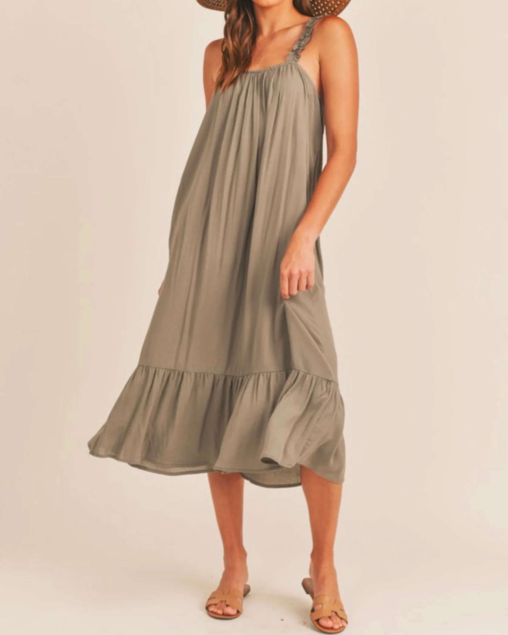 Gauze Ruffle Midi Dress in Olive