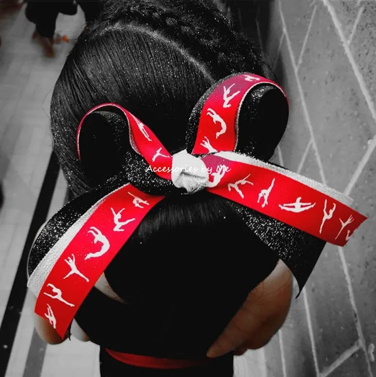 Glitter Gymnastics Red Silver Black Ponytail Bow