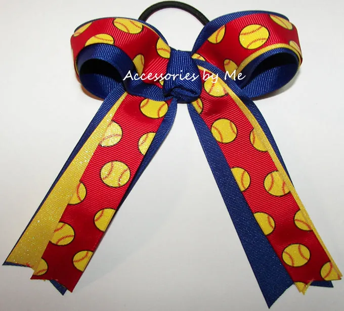 Glitter Softball Red Yellow Ponytail Bow