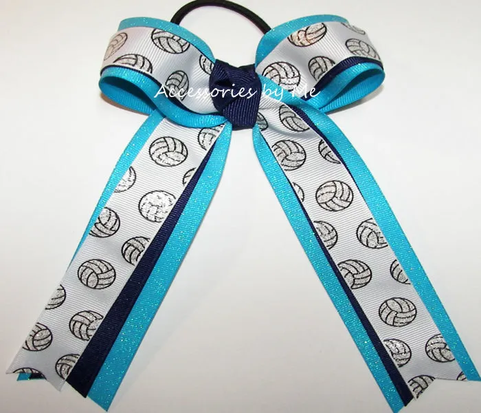 Glitter Volleyball Turquoise Navy Ponytail Bow