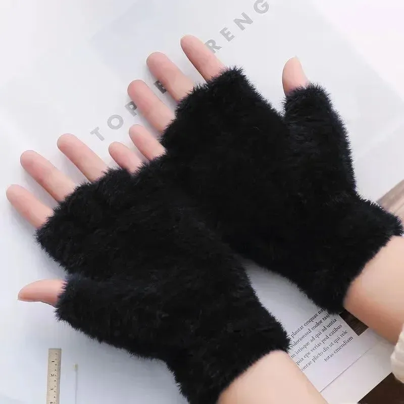 Half Finger Imitation Mink Cashmere Woolen Driving Glove for Winter Outdoor Christmas