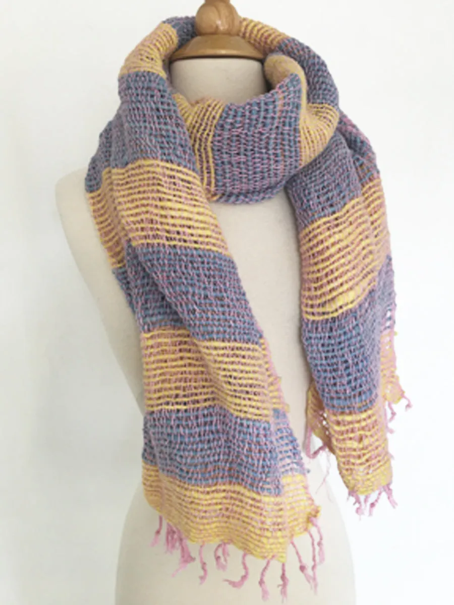 Handwoven Open Weave Cotton Scarf - Blue/Yellow Stripe