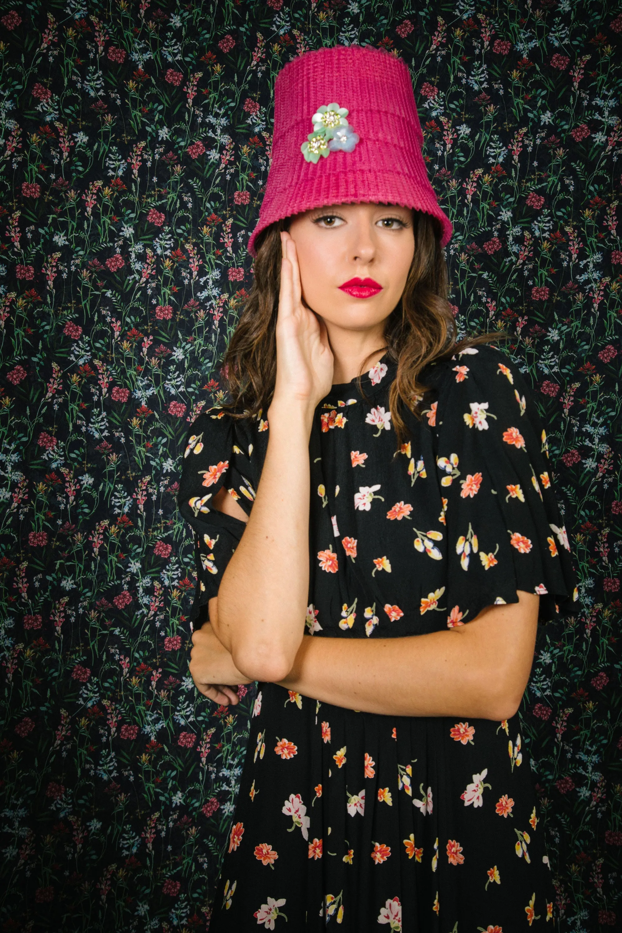 Iroquois: Hot Pink Pleated Bucket Hat with Beads