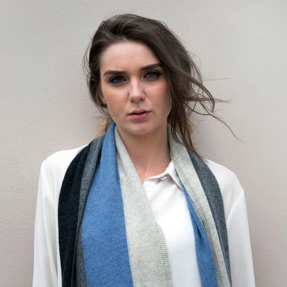 Ladies Lambswool Block Stripe Scarf - Jeans Blue