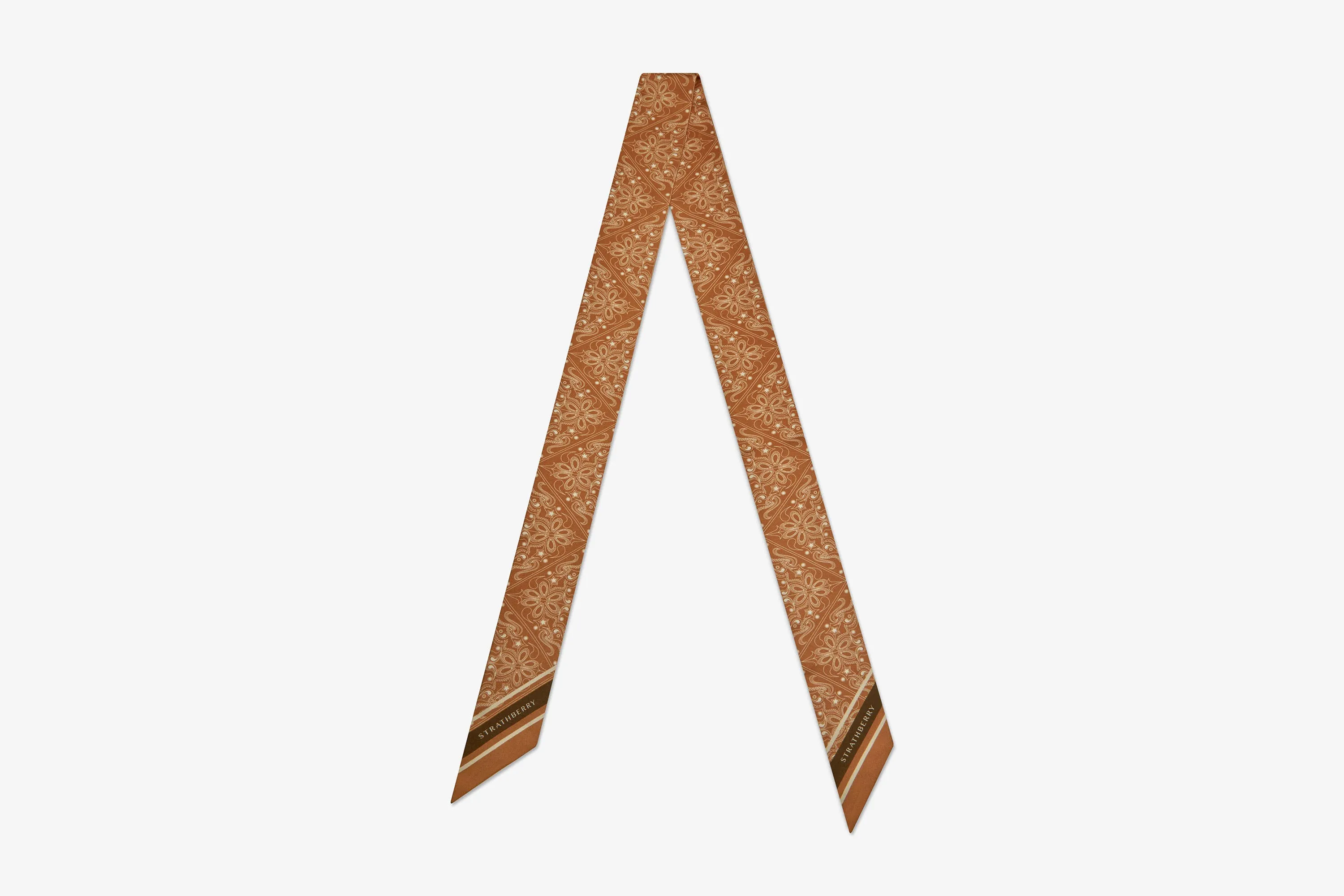 Long Silk Skinny Scarf - Chestnut/Vanilla Geometric Floral Print