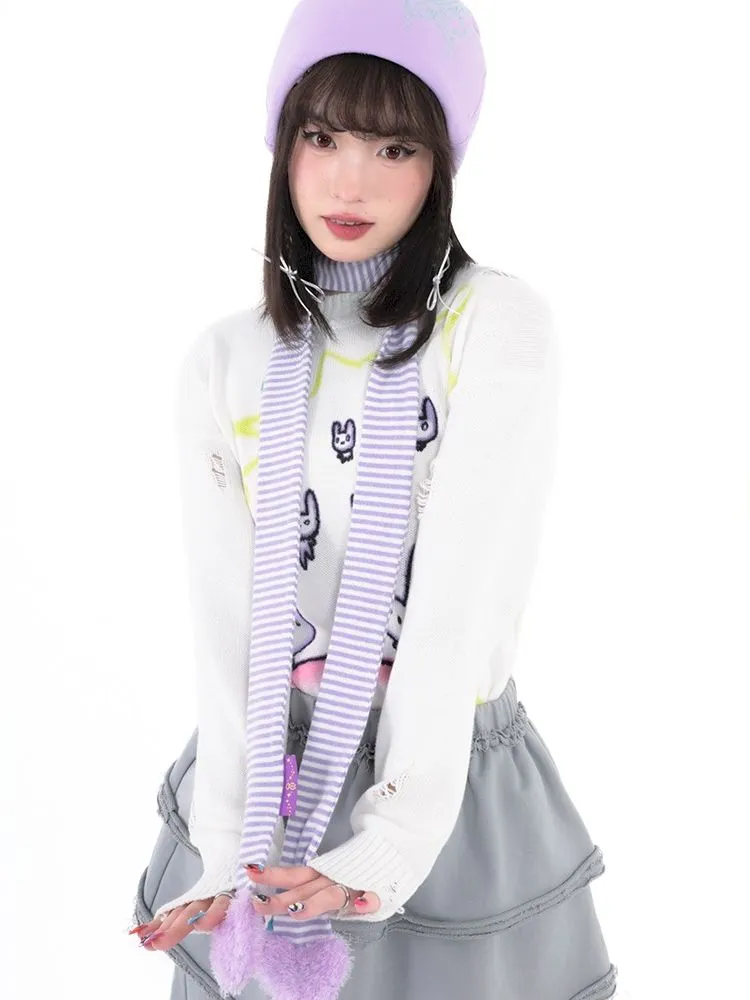 Love Heart Cotton White and Purple Striped Thin Scarf【s0000005705】