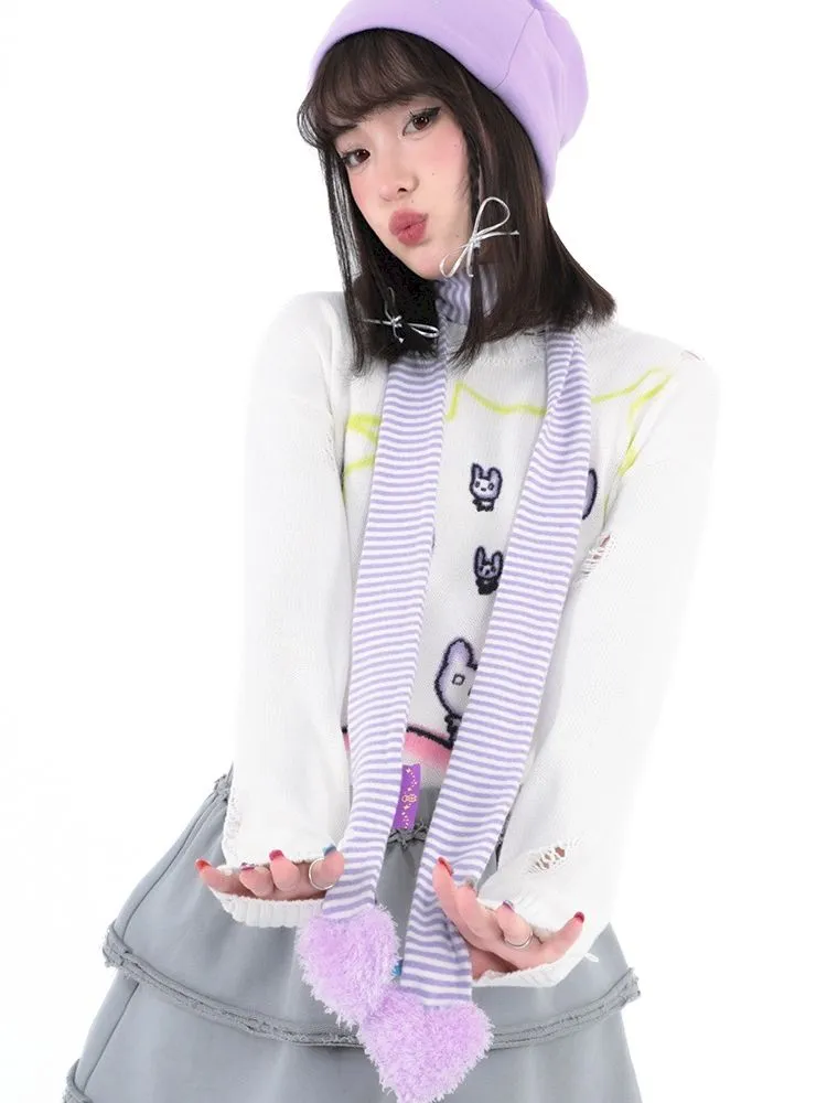 Love Heart Cotton White and Purple Striped Thin Scarf【s0000005705】