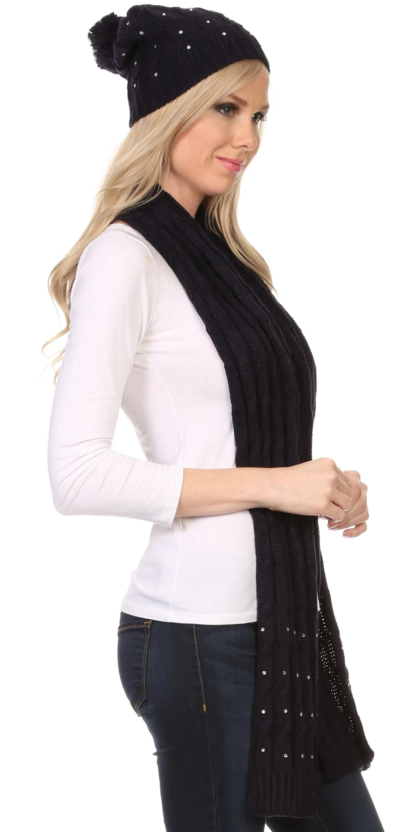 Sakkas Kae Jewel Studded Cable Knit Beanie Hat And Scarf Set