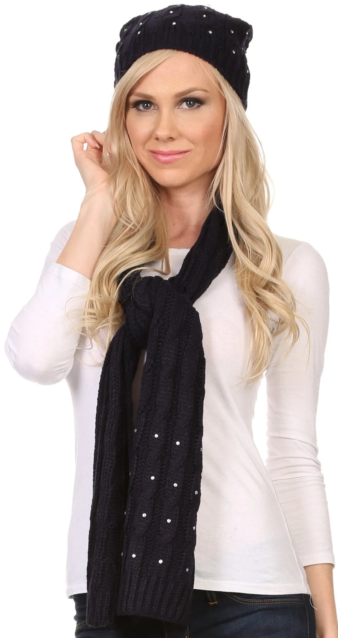 Sakkas Kae Jewel Studded Cable Knit Beanie Hat And Scarf Set