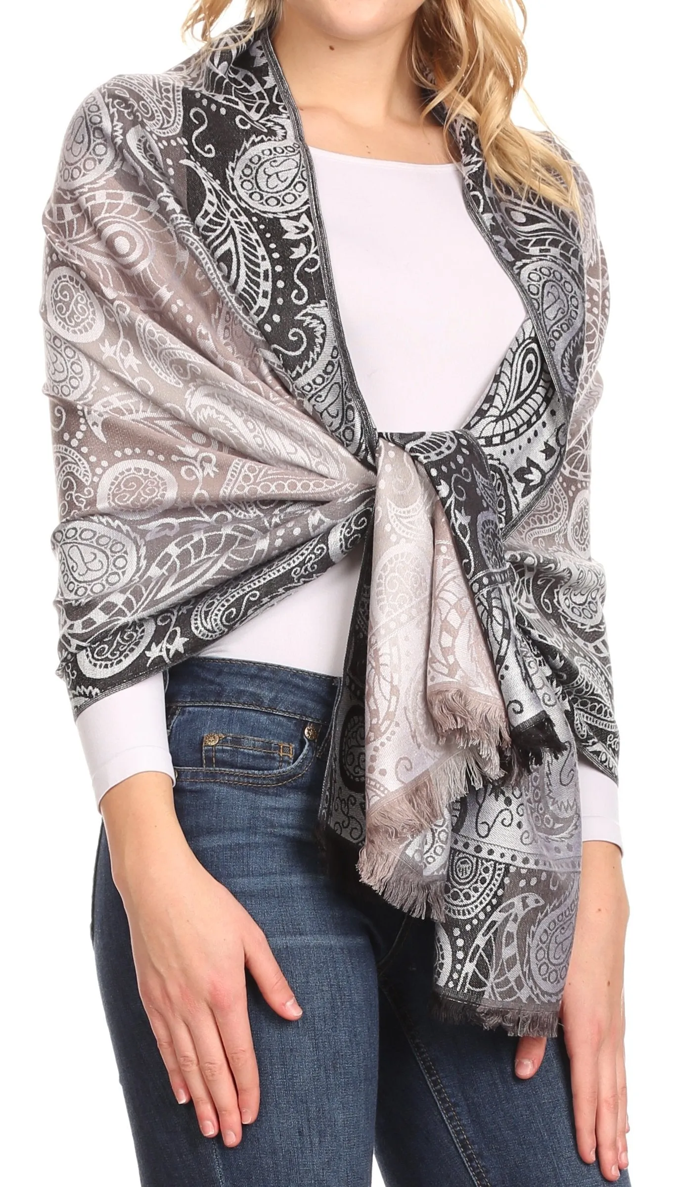 Sakkas Marga Women's Silky Soft Reversible Paisley Woven Pashmina Scarf Shawl Wrap