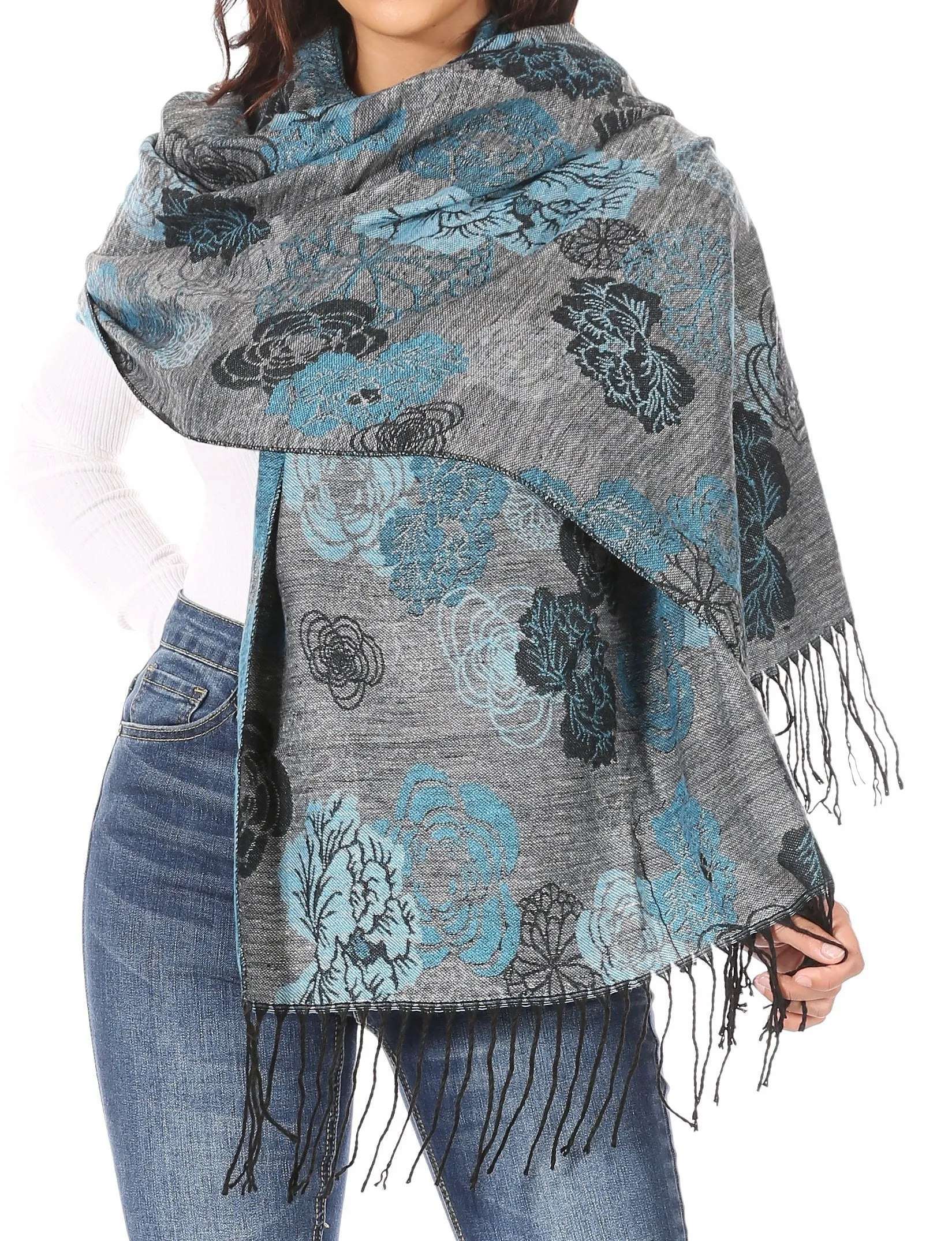 Sakkas Ontario double layer floral Pashmina/ Shawl/ Wrap/ Stole with fringe