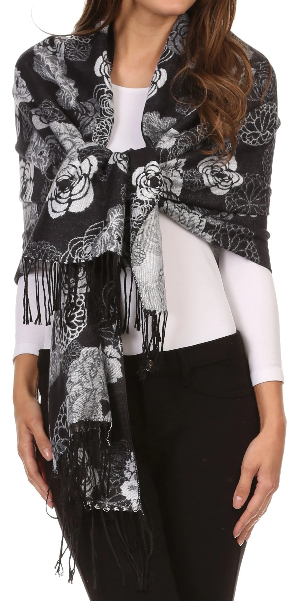 Sakkas Ontario double layer floral Pashmina/ Shawl/ Wrap/ Stole with fringe