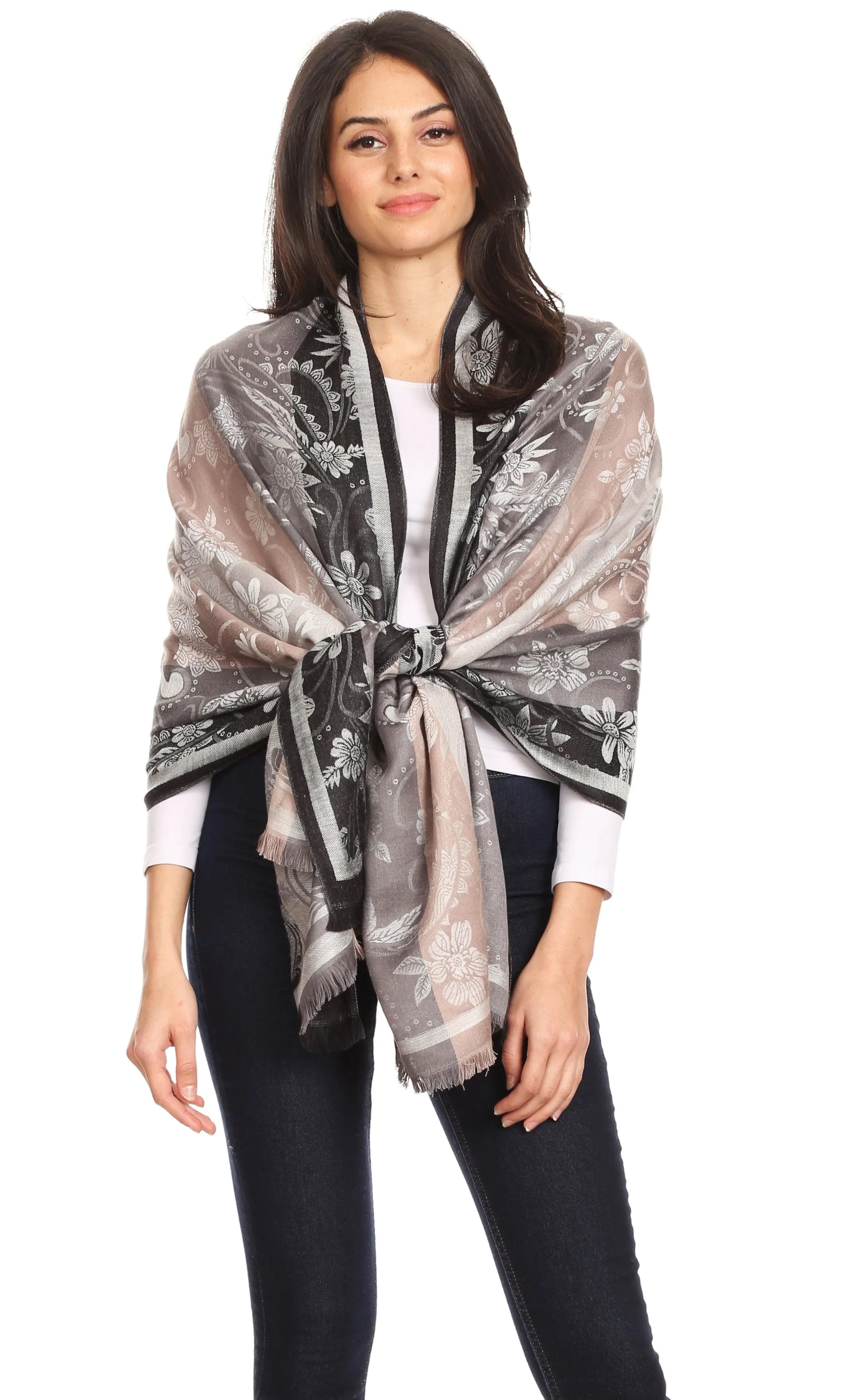 Sakkas Serina Women's Silky Soft Reversible Floral Woven Pashmina Scarf Shawl Wrap