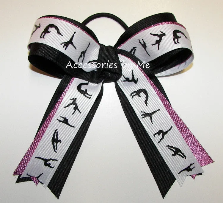 Sparkly Gymnastics Hot Pink Black Ponytail Bow