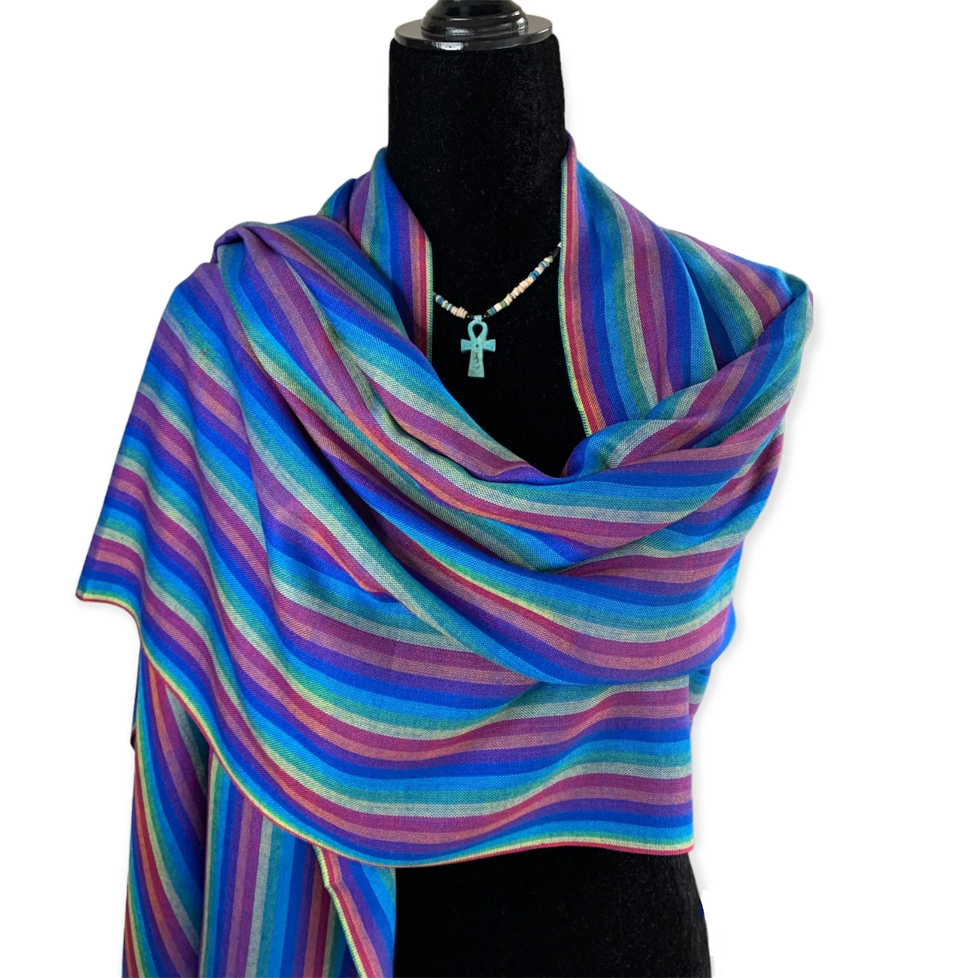 Striped Handwoven Bamboo Viscose Scarf - Blue & Plum