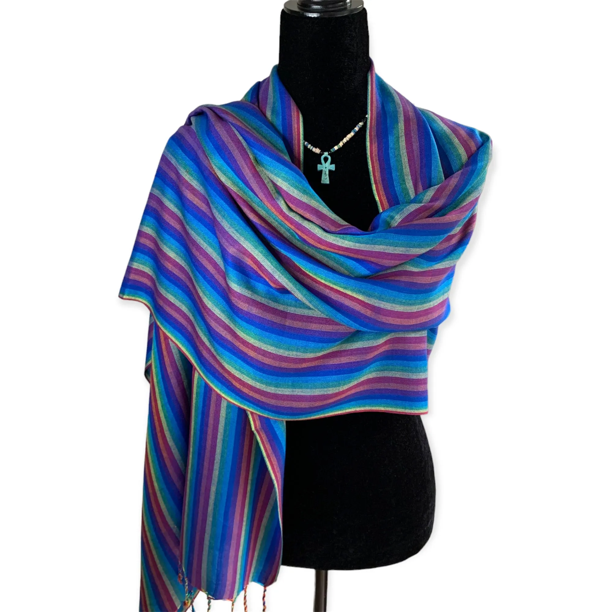 Striped Handwoven Bamboo Viscose Scarf - Blue & Plum