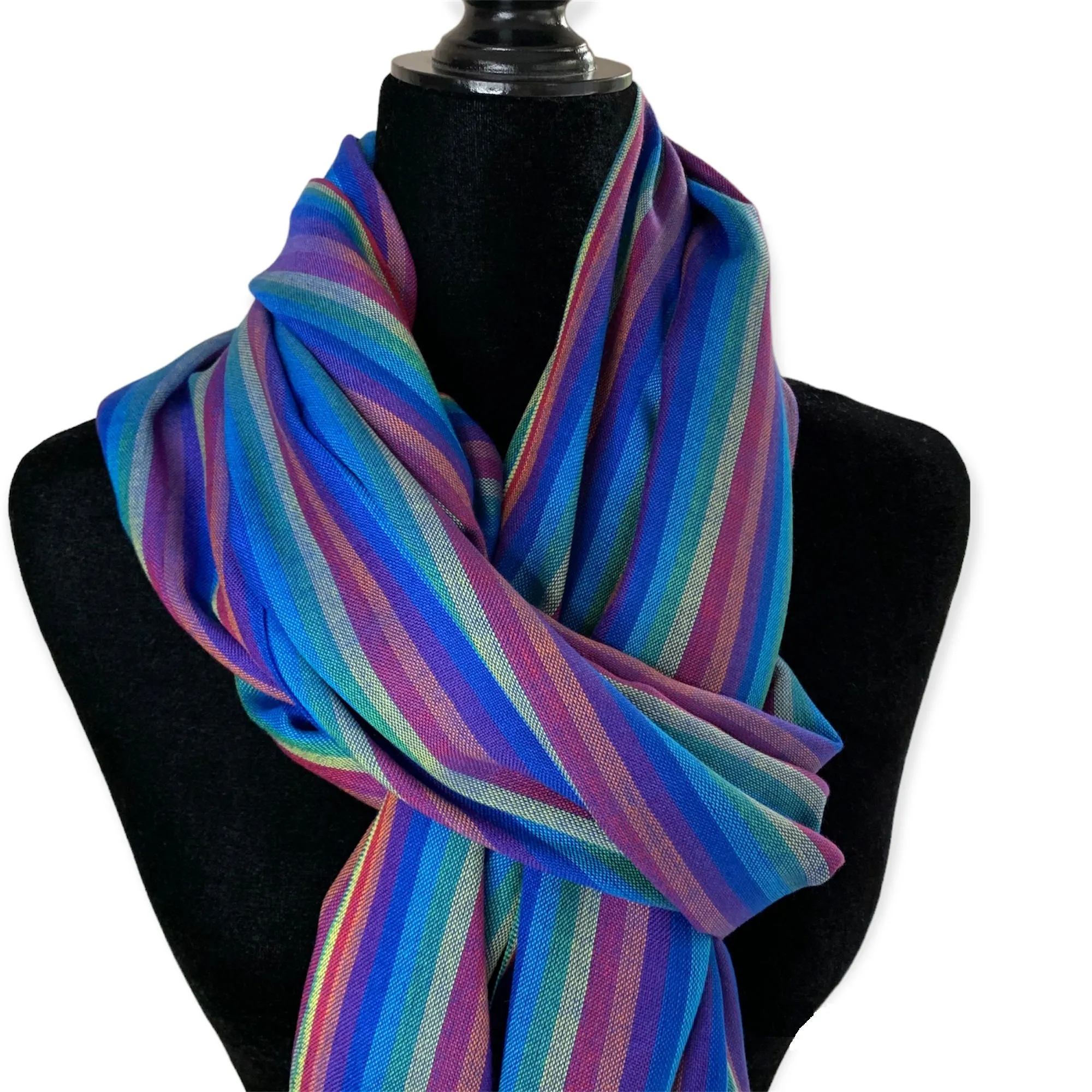 Striped Handwoven Bamboo Viscose Scarf - Blue & Plum