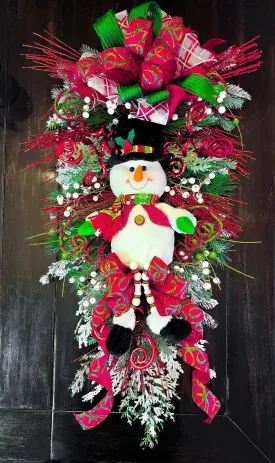 Whimsical festive Christmas holiday snowman swag wreath, door hanger, wall decor, Christmas decor, winter swag wreath, holiday decoration